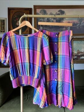 Ann Taylor Purple Pink Blue Multi-Color Plaid Skirt and Top Set